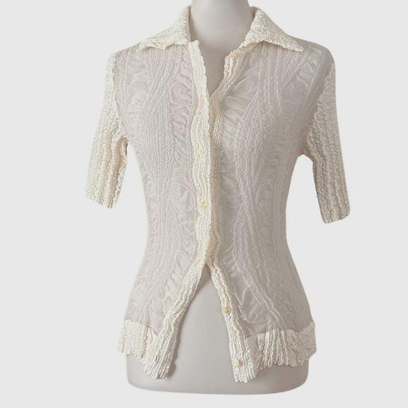 Vintage Peplum by Yoshiki Hishinuma Crinkle Pleated Blouse – Ivory White –RARE - Picture 6 of 10